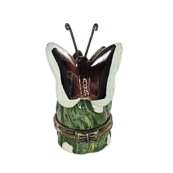 Butterfly Keepsake Hinged Trinket Box Brown Green White - Picture 1 of 8